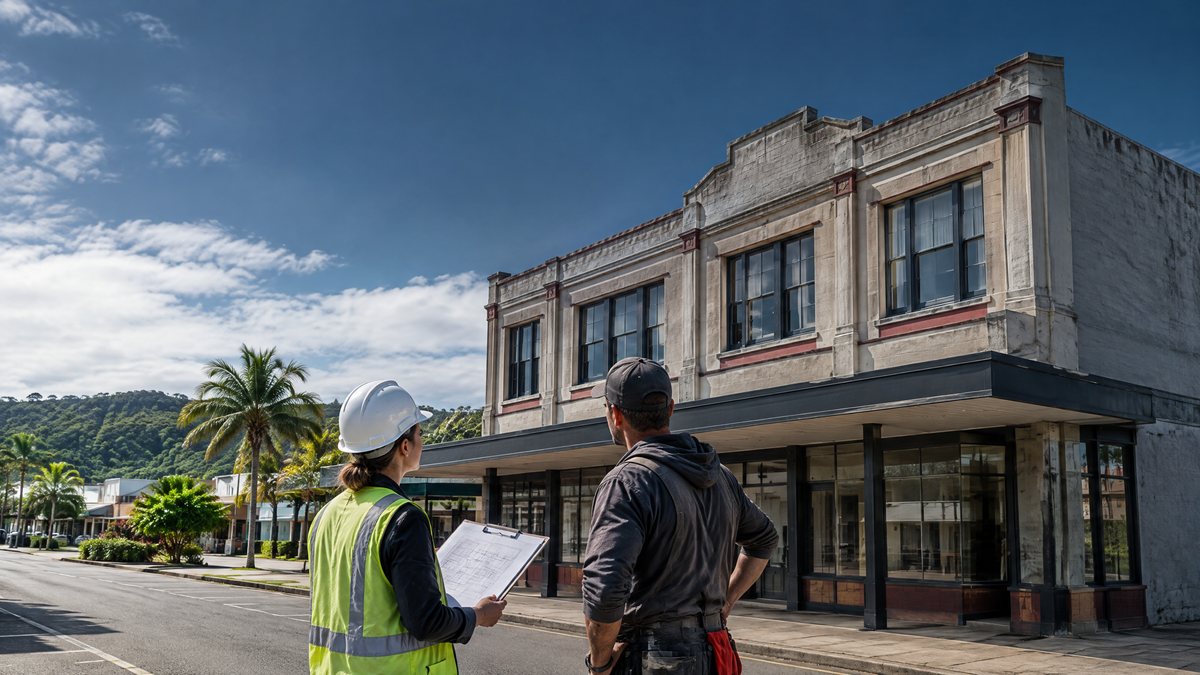 Builder and engineer reviewing an older Northland commercial building