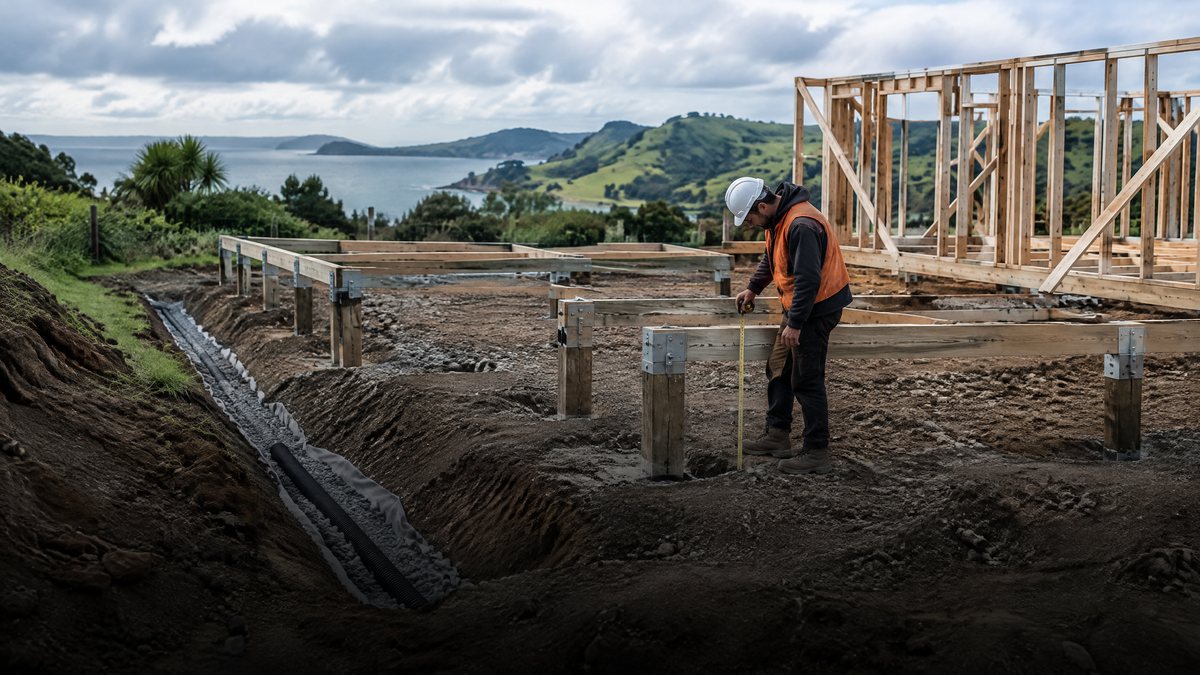 Illustrative Northland-style building site with a worker checking timber pile foundations