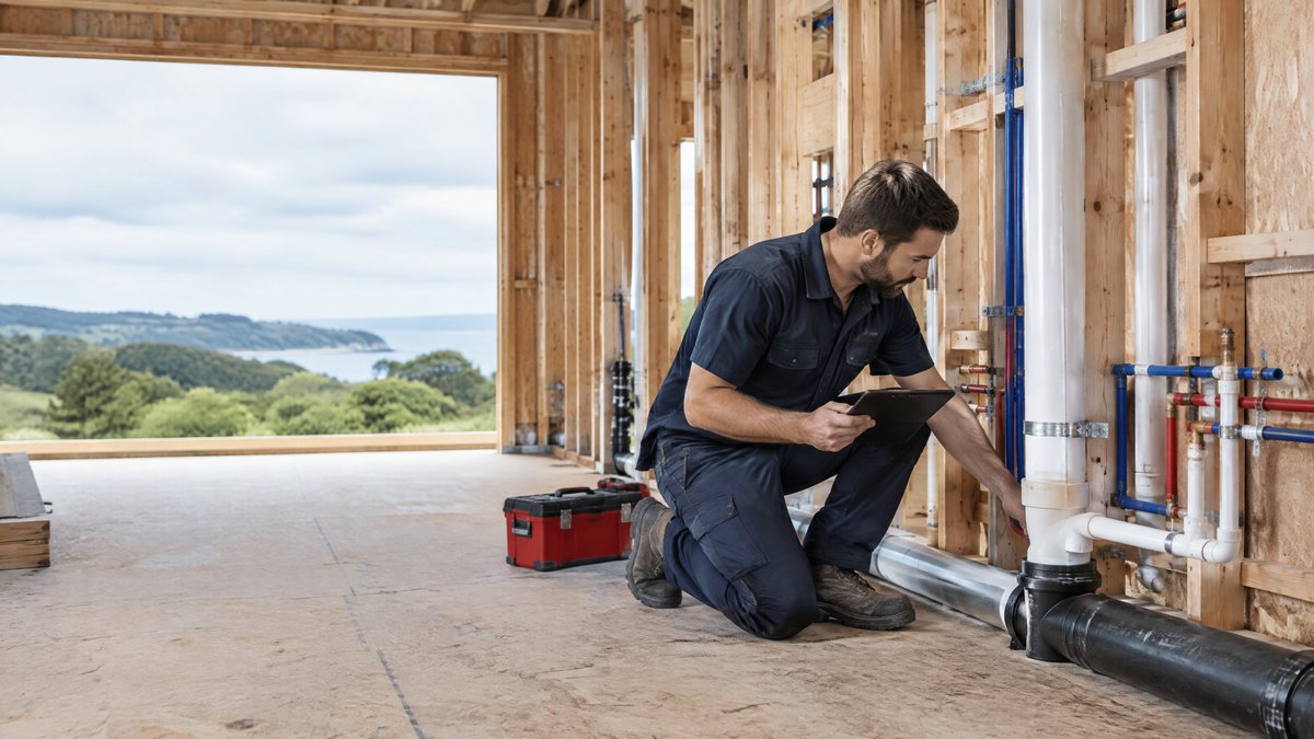 Plumber checking consented pipework and project records inside a Northland build
