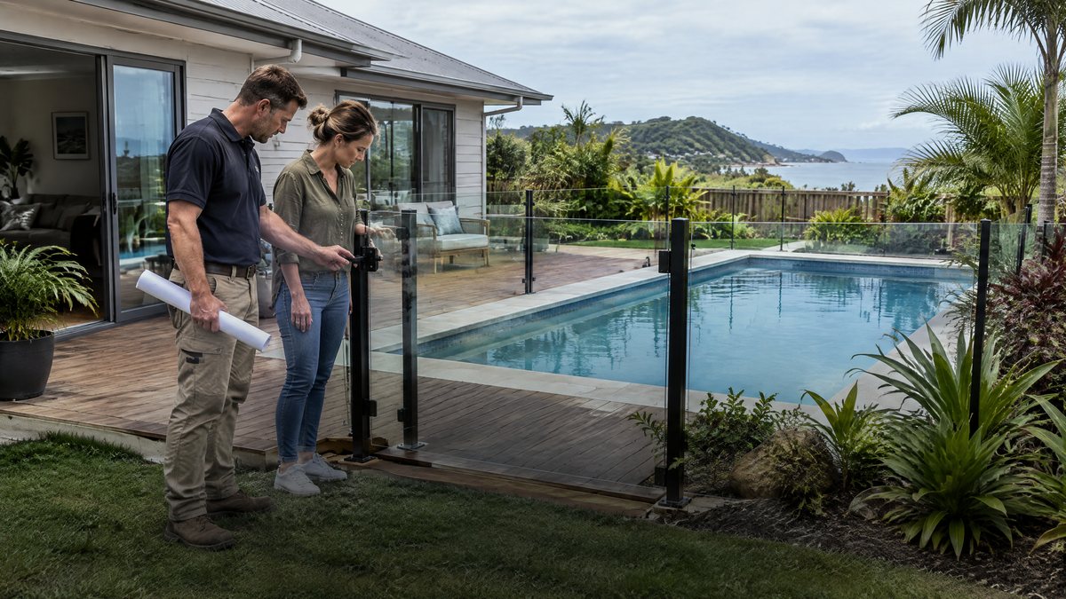 Builder and homeowner checking a residential pool gate and clear barrier in Northland
