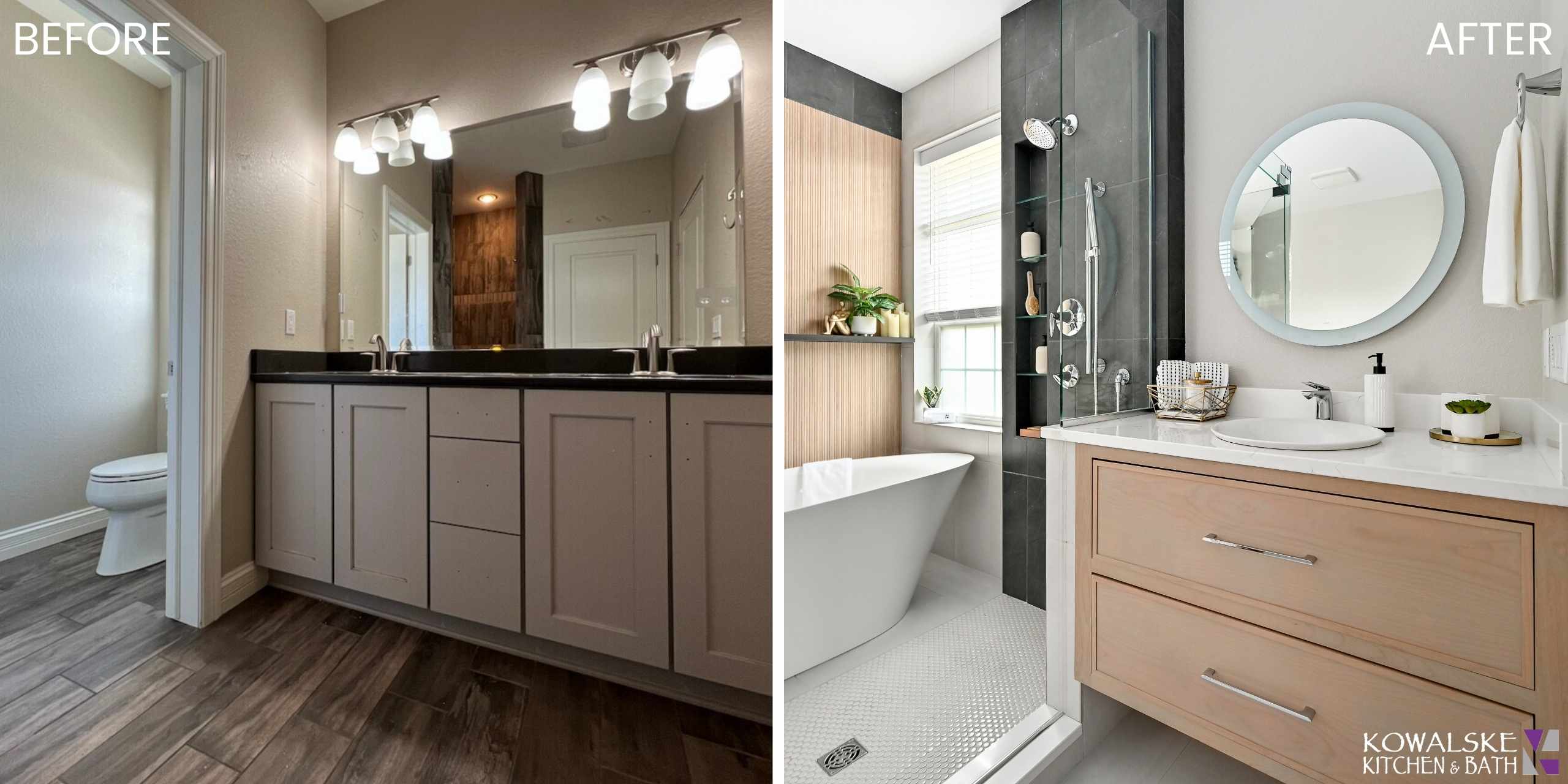 Before and after home renovation showing kitchen and bathroom transformation
