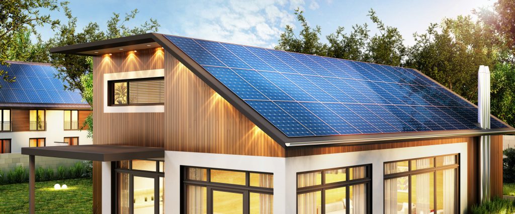 Eco-friendly home with solar panels and sustainable design features